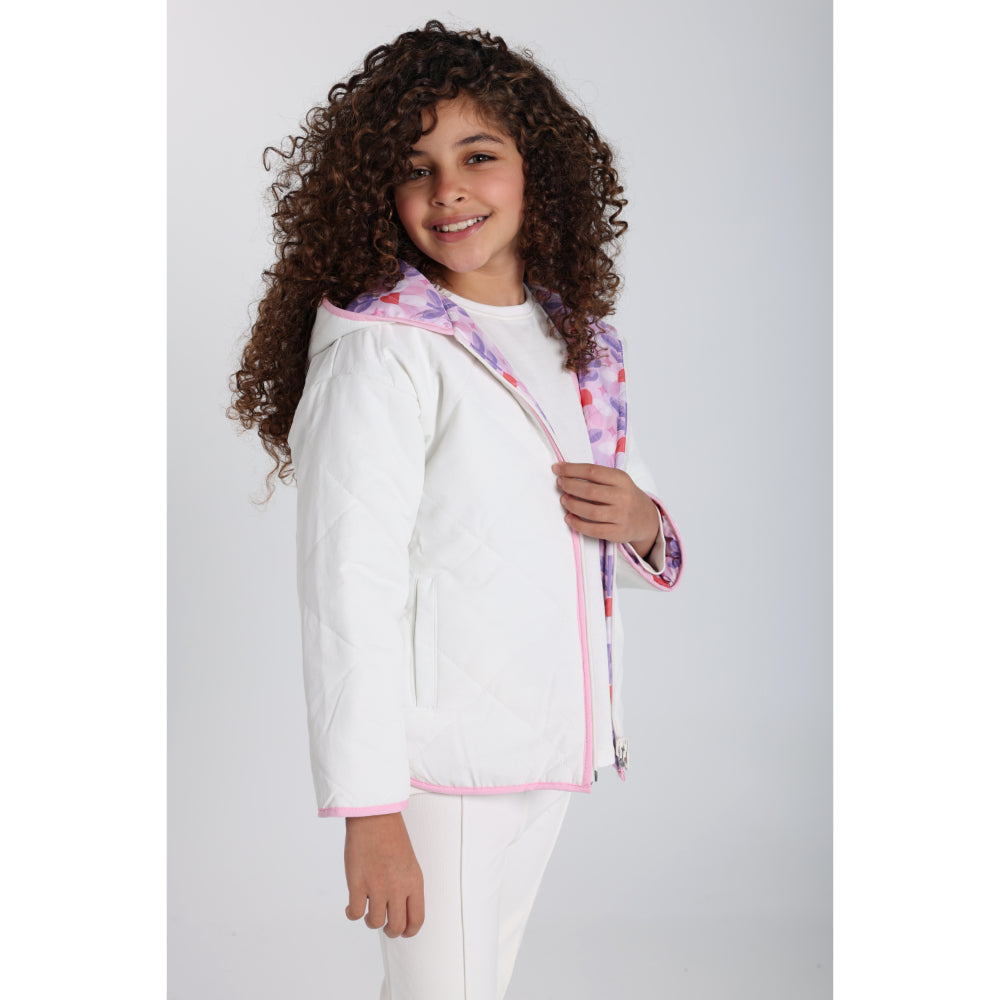 Baby Girls Waterproof Reversible Quilted Jacket –Off White & Pink Floral