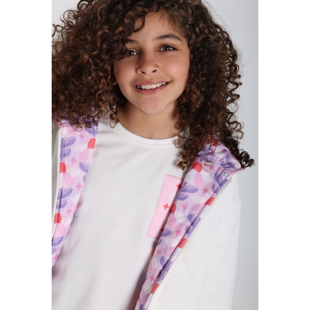 Baby Girls Waterproof Reversible Quilted Jacket –Off White & Pink Floral