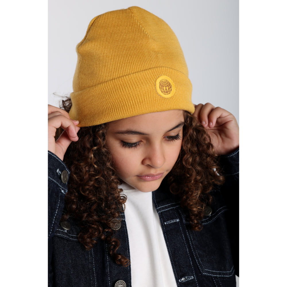 Unisex Wool Ice Cap - Mustard with Smiley Face Appliqued