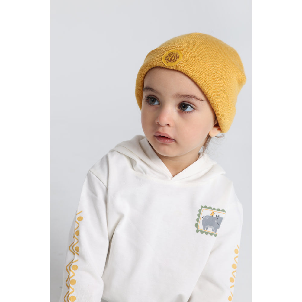 Unisex Wool Ice Cap - Mustard with Smiley Face Appliqued