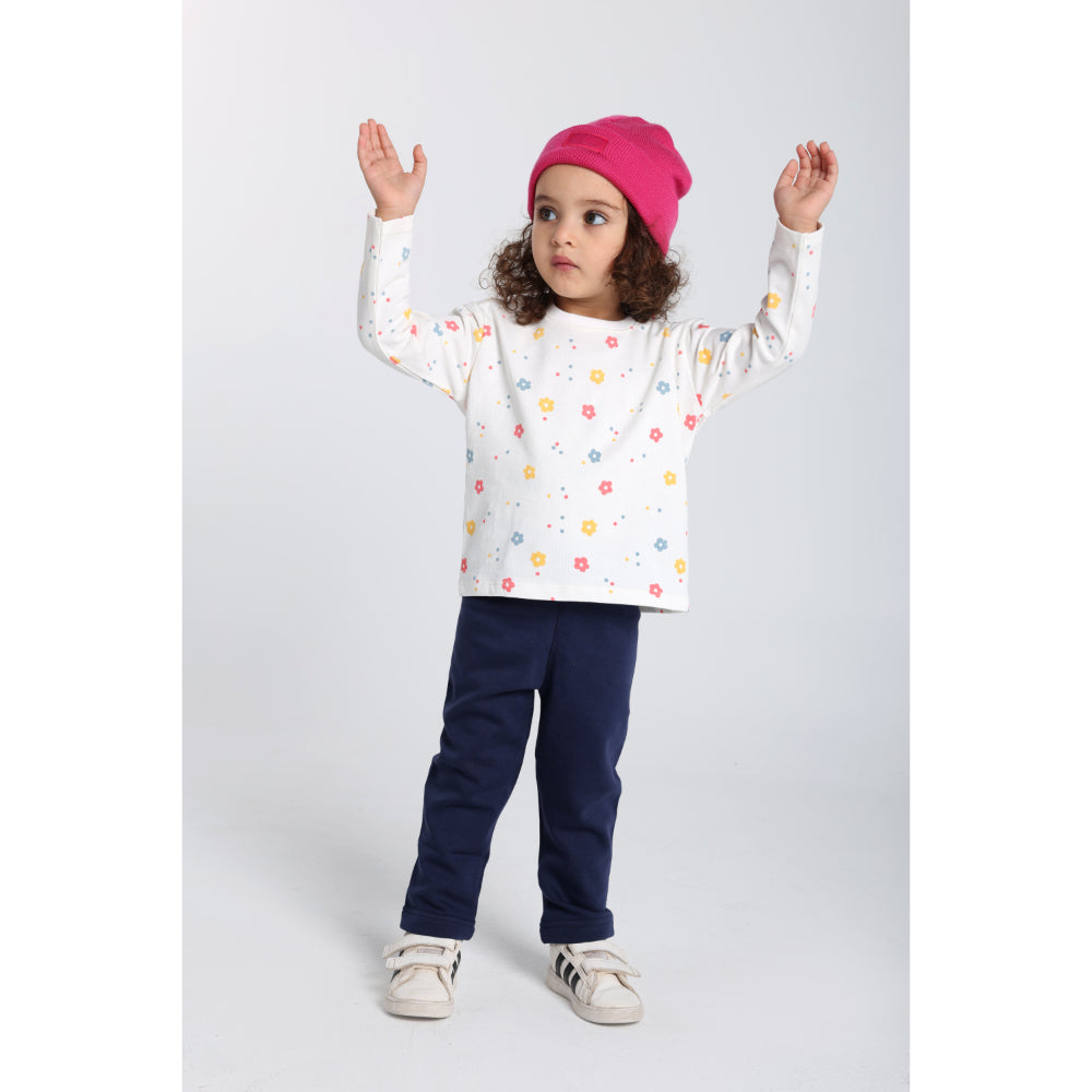 Baby Girls Cotton T-Shirt – Off-White with Flowers Print