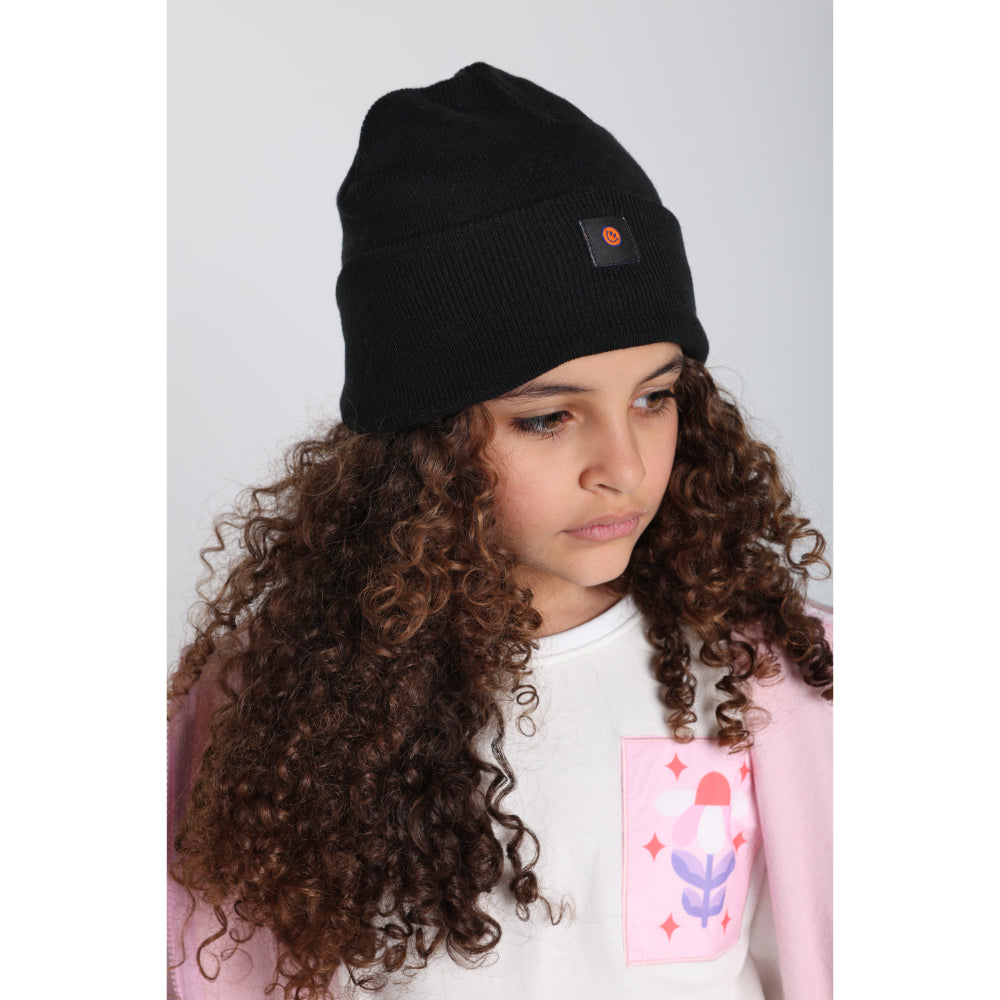 Unisex Wool Ice Cap - Black with Smiley Face Appliqued