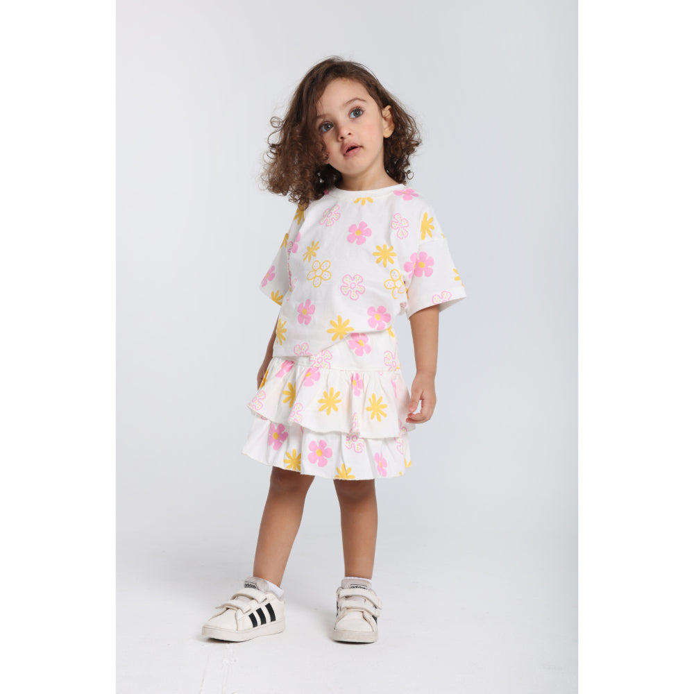 Baby Girls Cotton Outfit Set – Offwhite Printed Flowers Short Sleeves