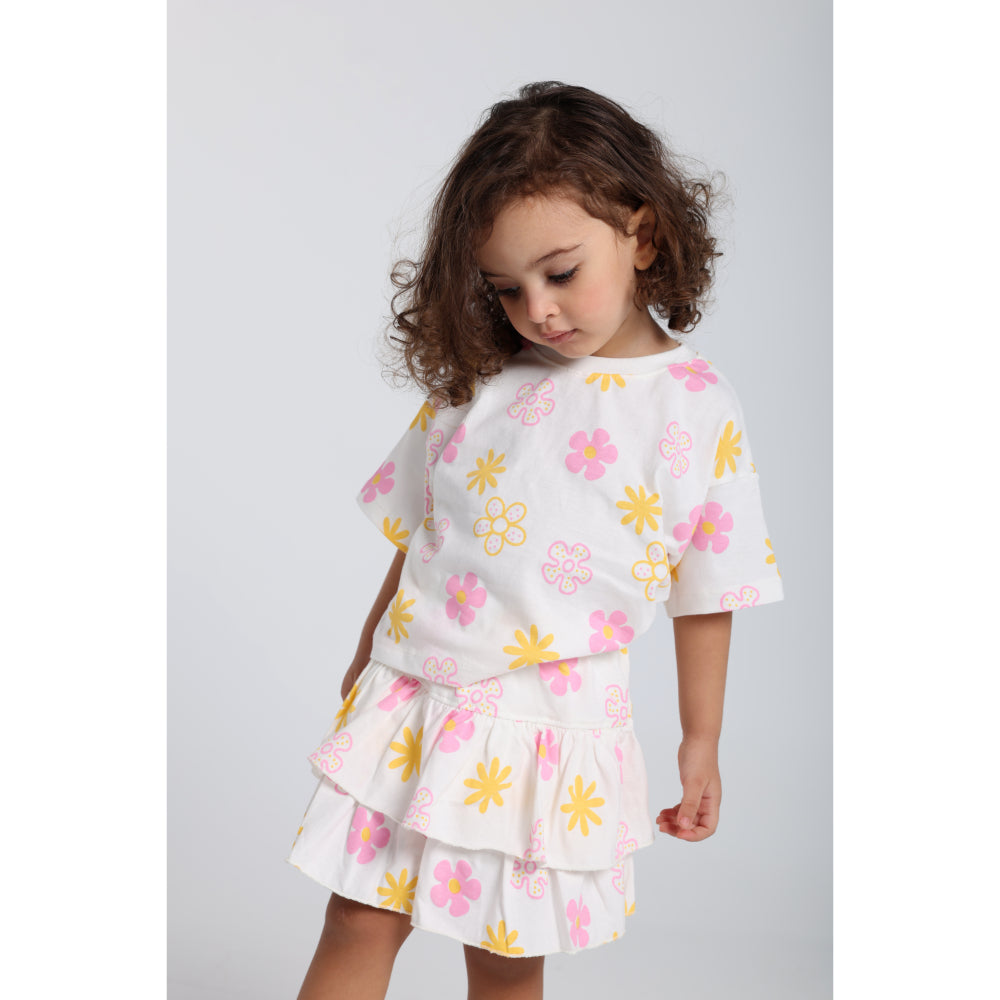 Baby Girls Cotton Outfit Set – Offwhite Printed Flowers Short Sleeves