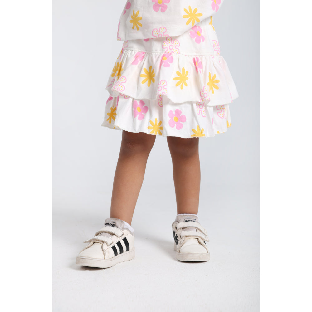 Baby Girls Cotton Outfit Set – Offwhite Printed Flowers Short Sleeves