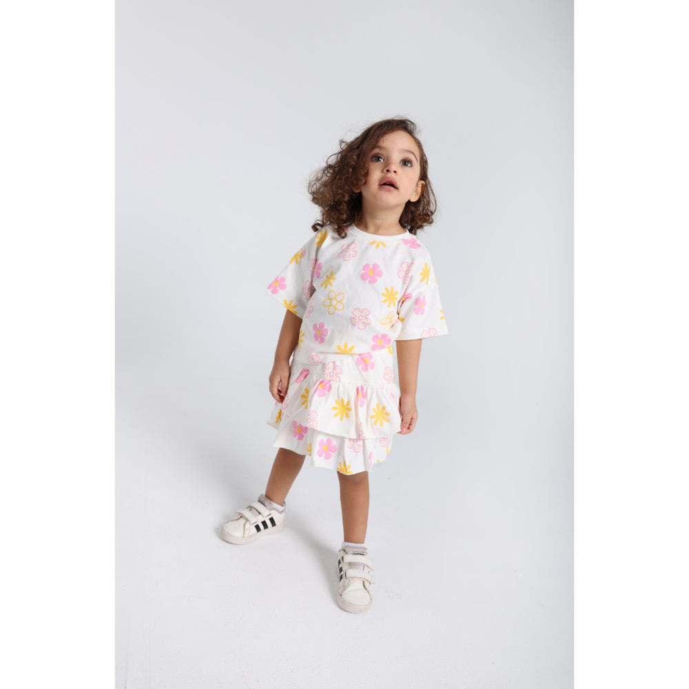 Baby Girls Cotton Outfit Set – Offwhite Printed Flowers Short Sleeves