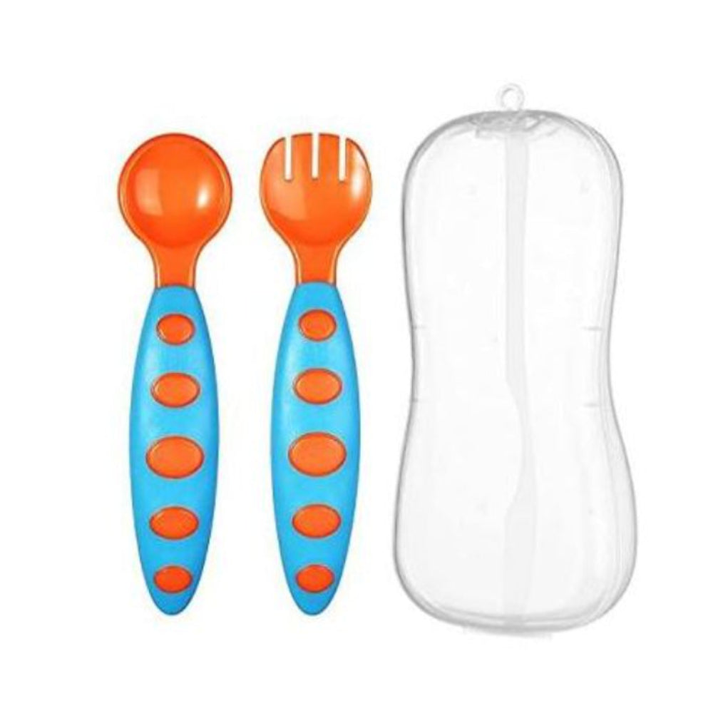 True Plastic Fork and Spoon Set in Box – Orange & Aqua - Baby Essentials