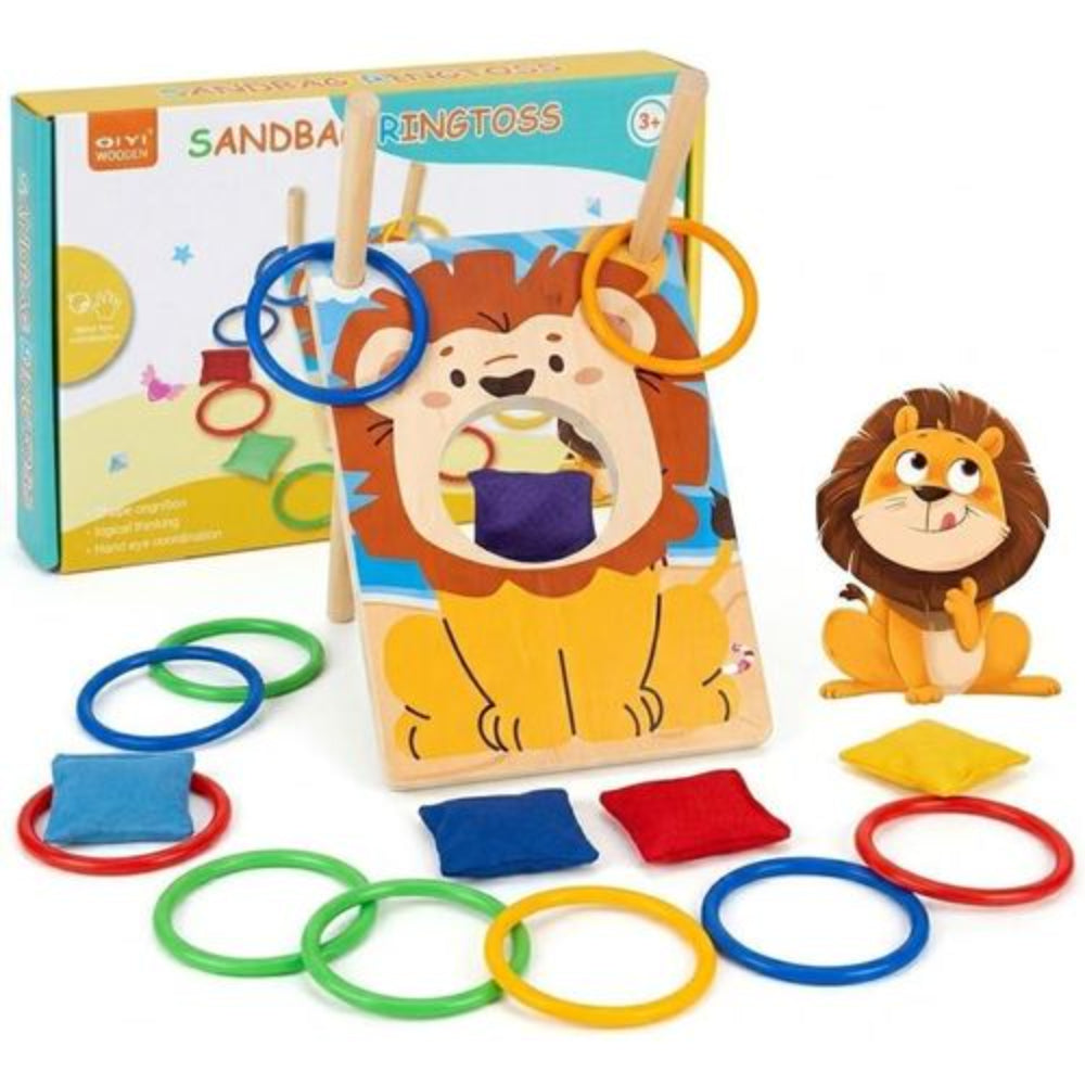 Wooden 2-in-1 Lion Sandbag & Ring Toss Game