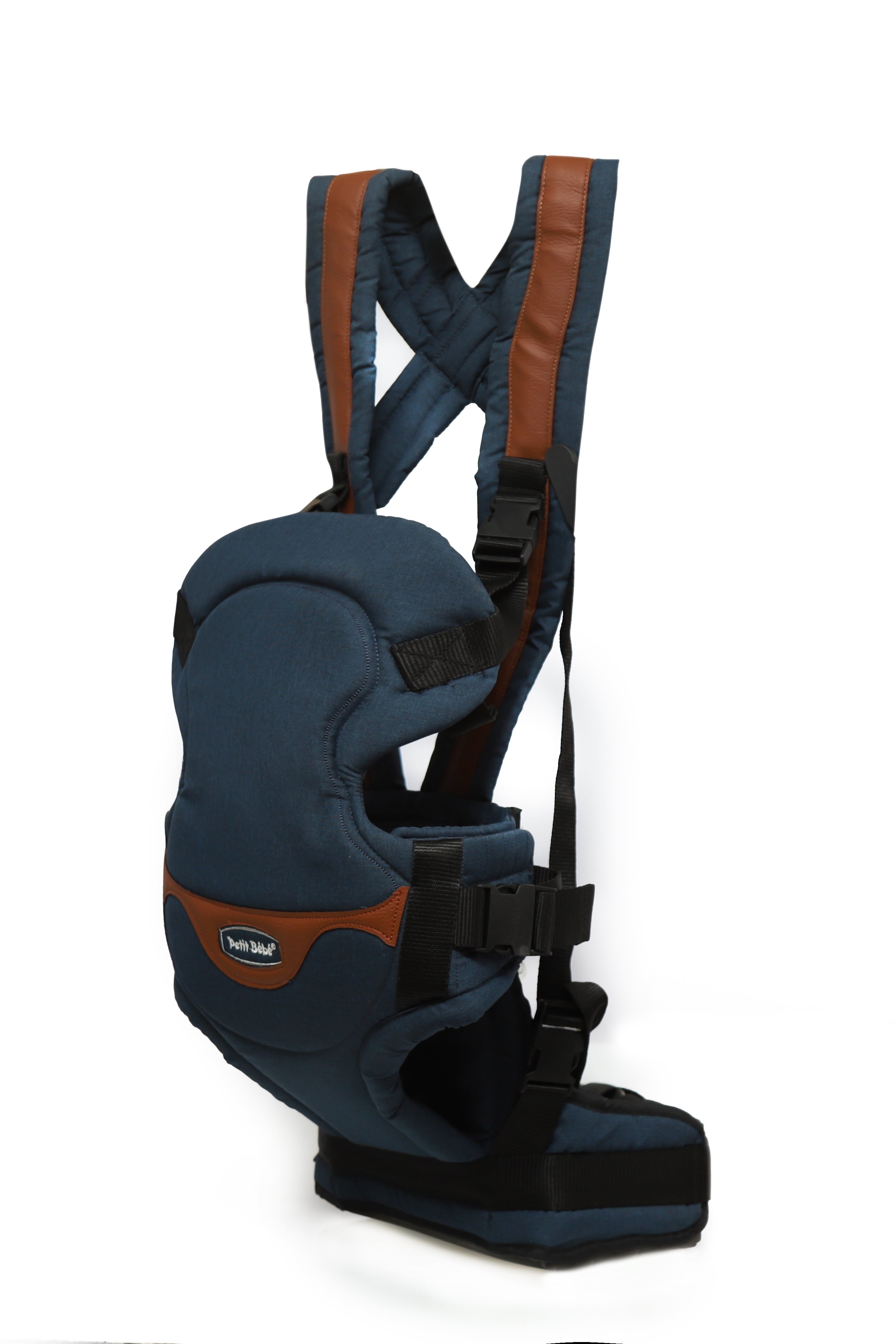 Petit Bebe Smart Gear Baby Carrier – Navy Blue Linen Fabric with Havana Leather