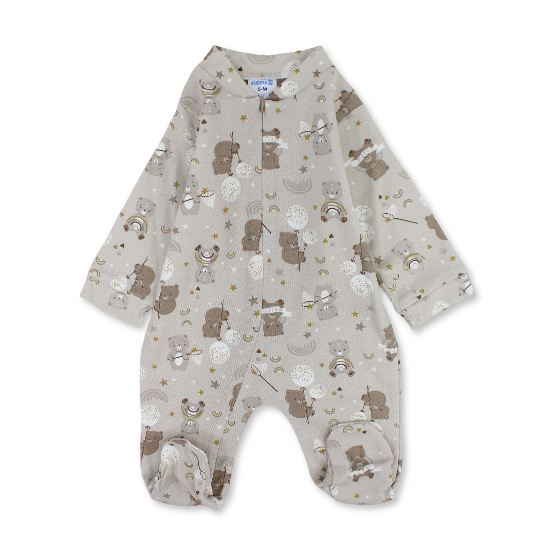 Unisex Baby Cotton Baby Footie – Beige with Bear and Stars Print
