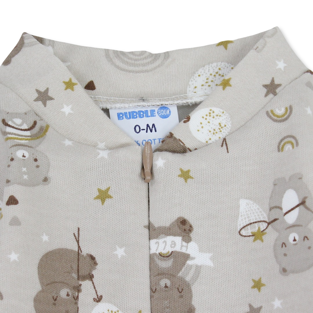 Unisex Baby Cotton Baby Footie – Beige with Bear and Stars Print