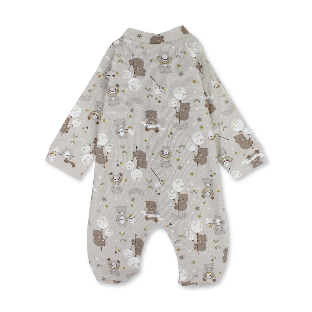 Unisex Baby Cotton Baby Footie – Beige with Bear and Stars Print