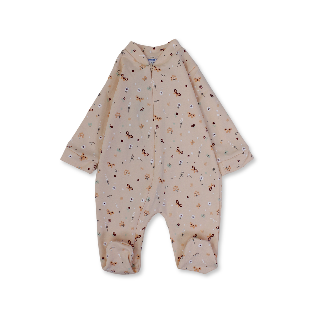 Baby Girls Cotton Baby Footie – Salmon with Butterflies & Flowers Print - Clothing - Bubble Boom