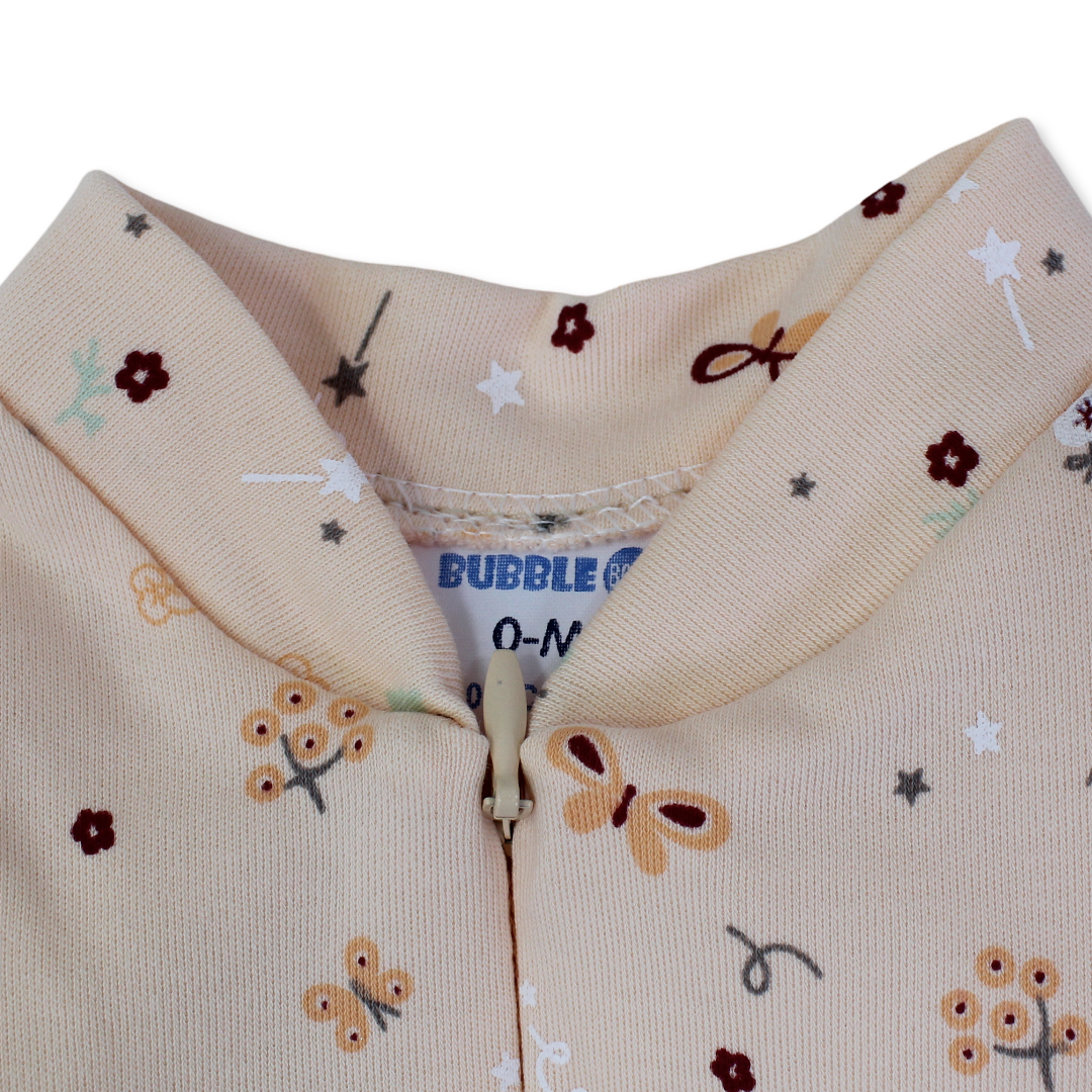Baby Girls Cotton Baby Footie – Salmon with Butterflies & Flowers Print