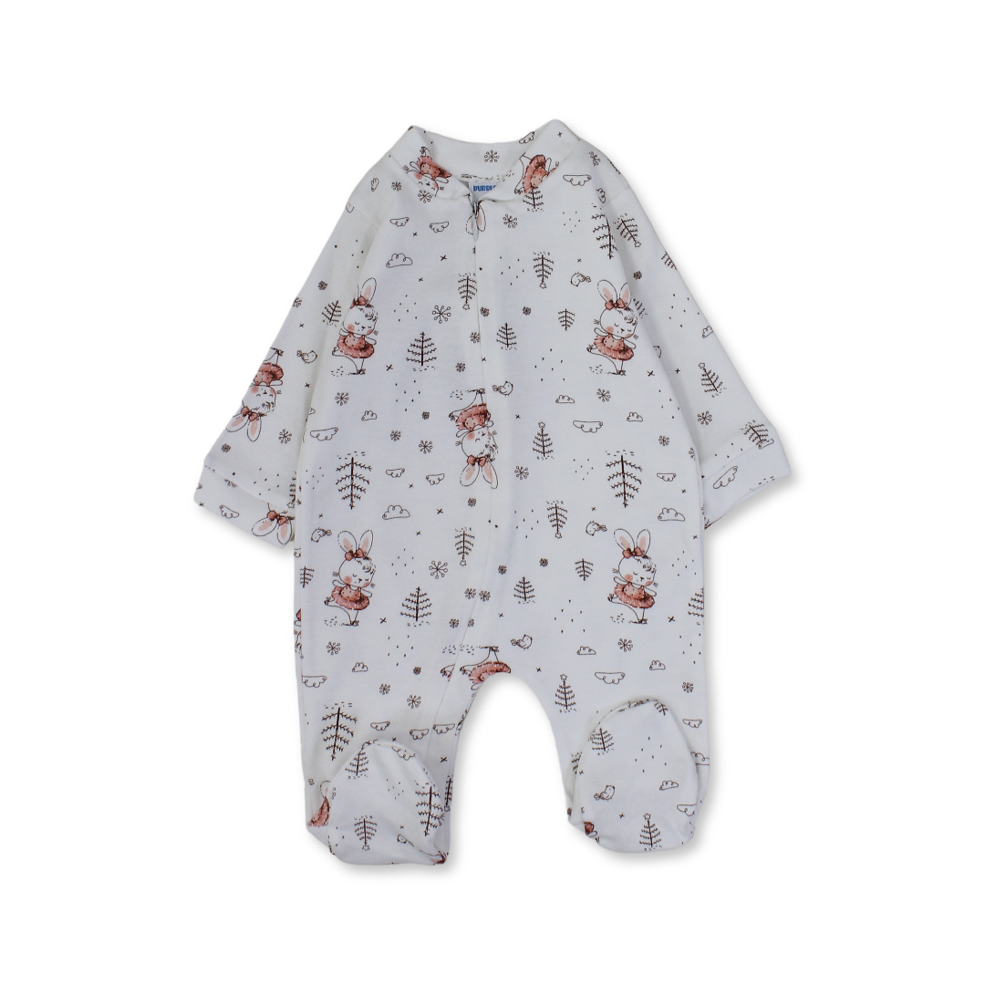 Baby Girls Cotton Baby Footie Onesie – Off-White with Rabbit and Tree Print - Clothing - Bubble Boom