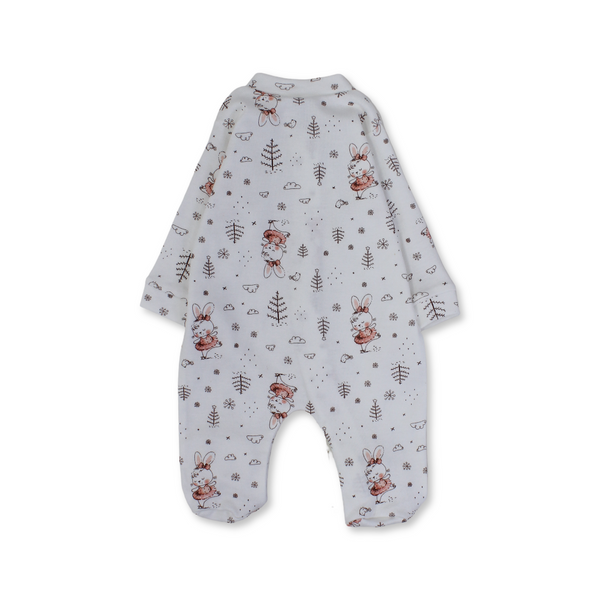 Baby Girls Cotton Baby Footie Onesie – Off-White with Rabbit and Tree Print