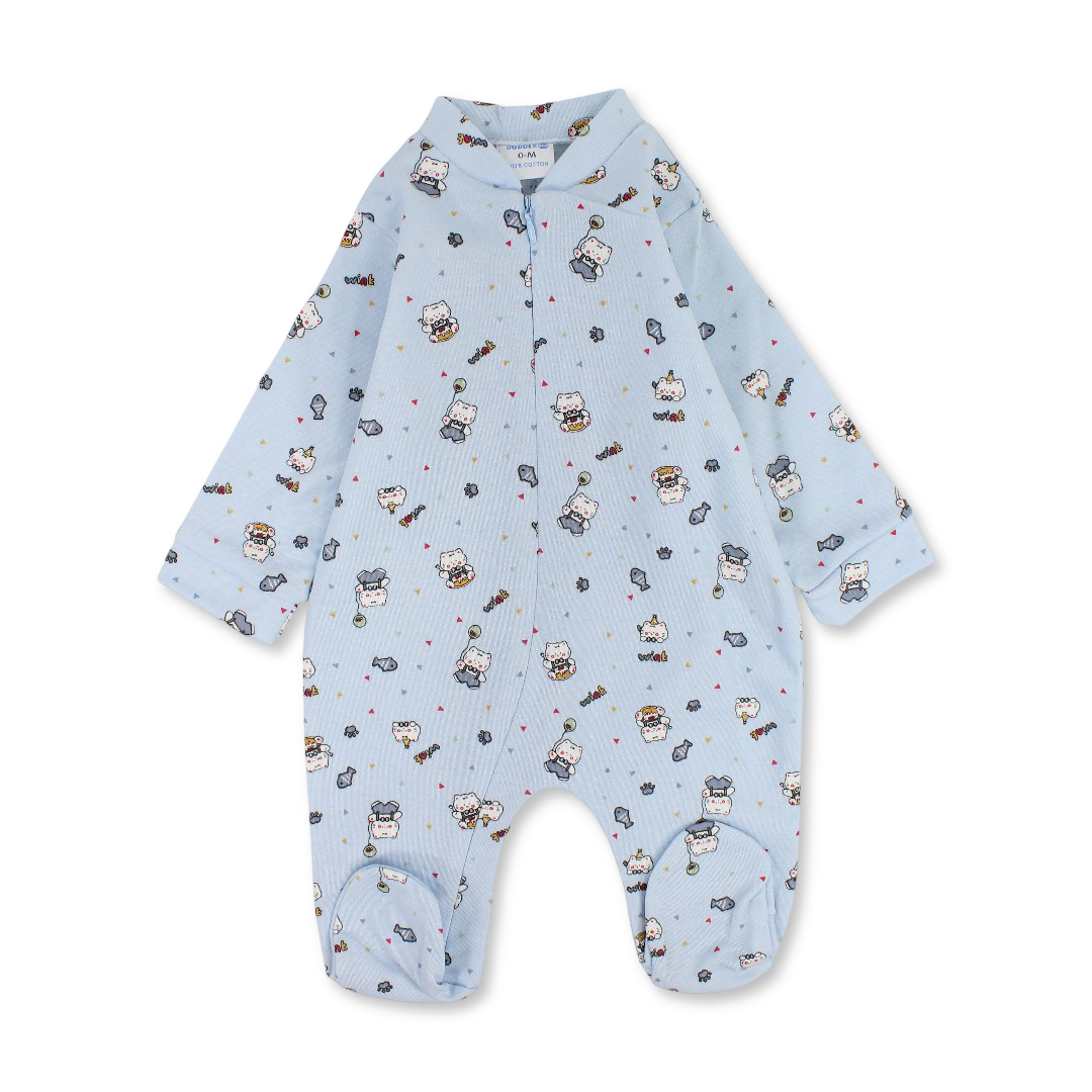 Baby Boys Cotton Baby Footie – Baby Blue with Cat Print - Clothing - Bubble Boom