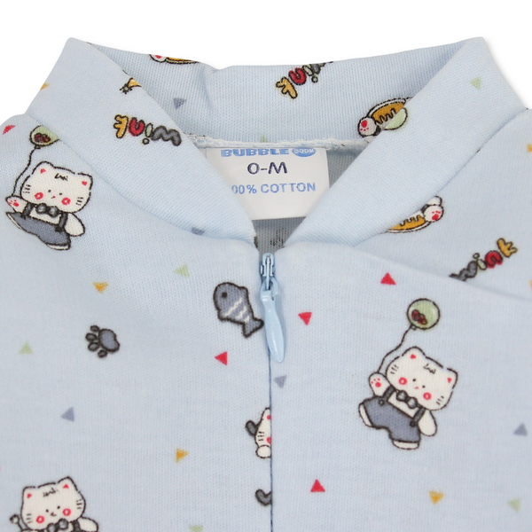 Baby Boys Cotton Baby Footie – Baby Blue with Cat Print