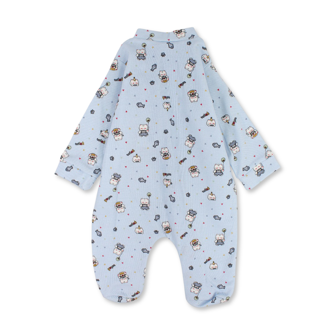 Baby Boys Cotton Baby Footie – Baby Blue with Cat Print