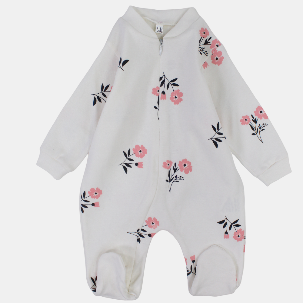 Baby Girls Cotton Long-Sleeved Baby Footie – White with Floral Print