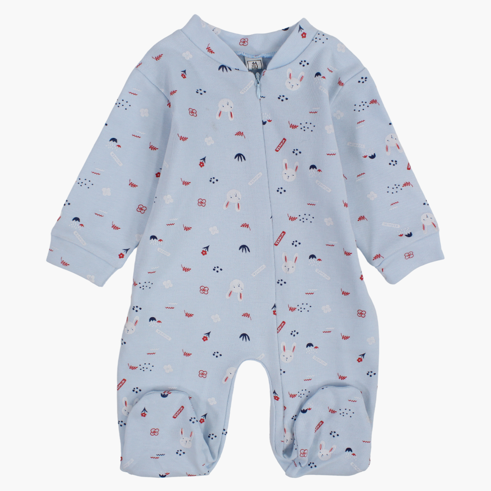 Long-Sleeved Baby Footie – Baby Blue with a Cute Print