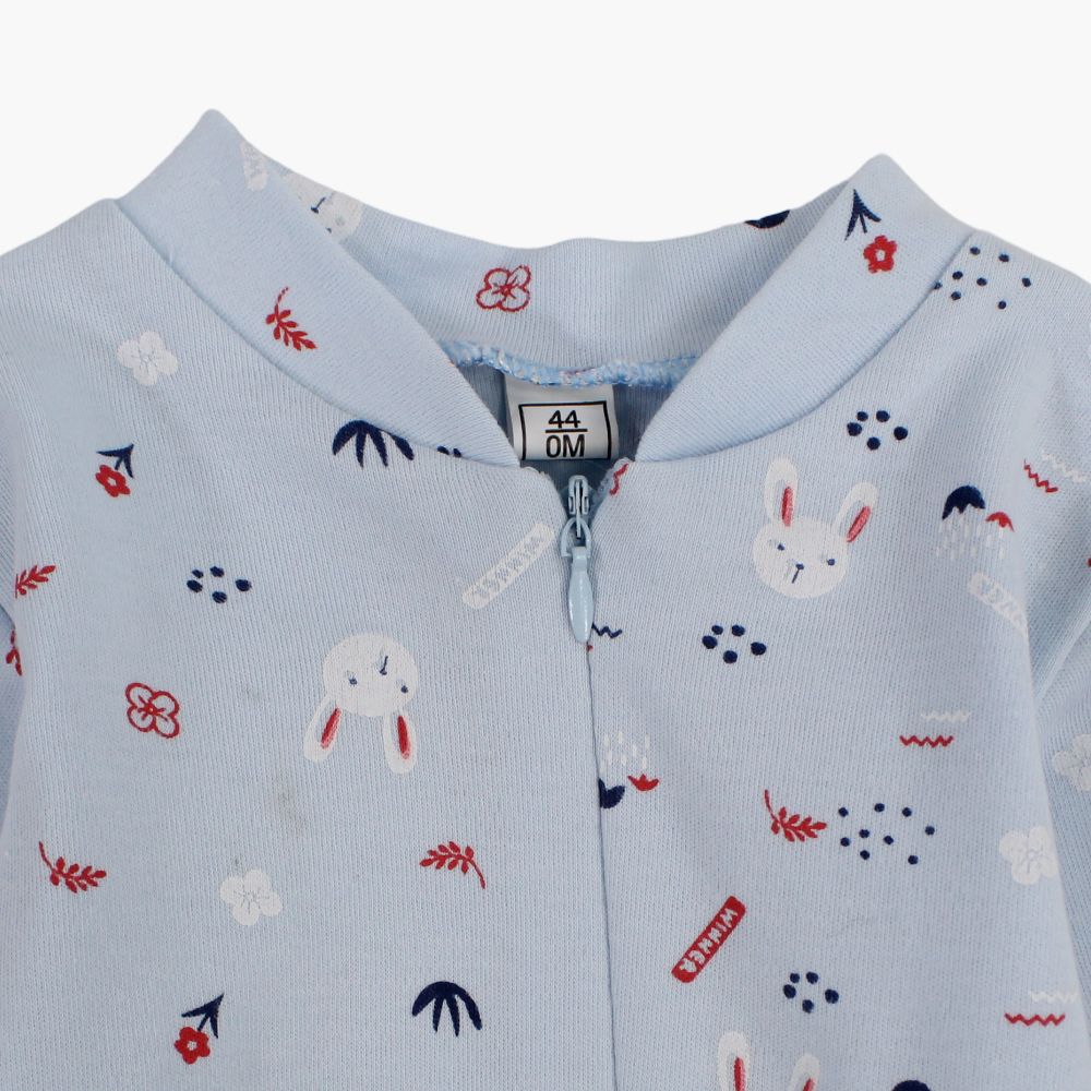 Long-Sleeved Baby Footie – Baby Blue with a Cute Print