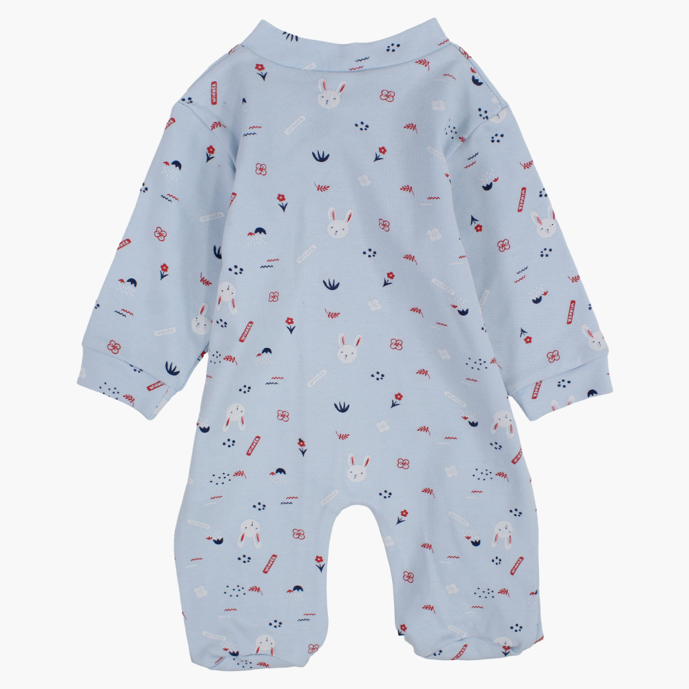 Long-Sleeved Baby Footie – Baby Blue with a Cute Print