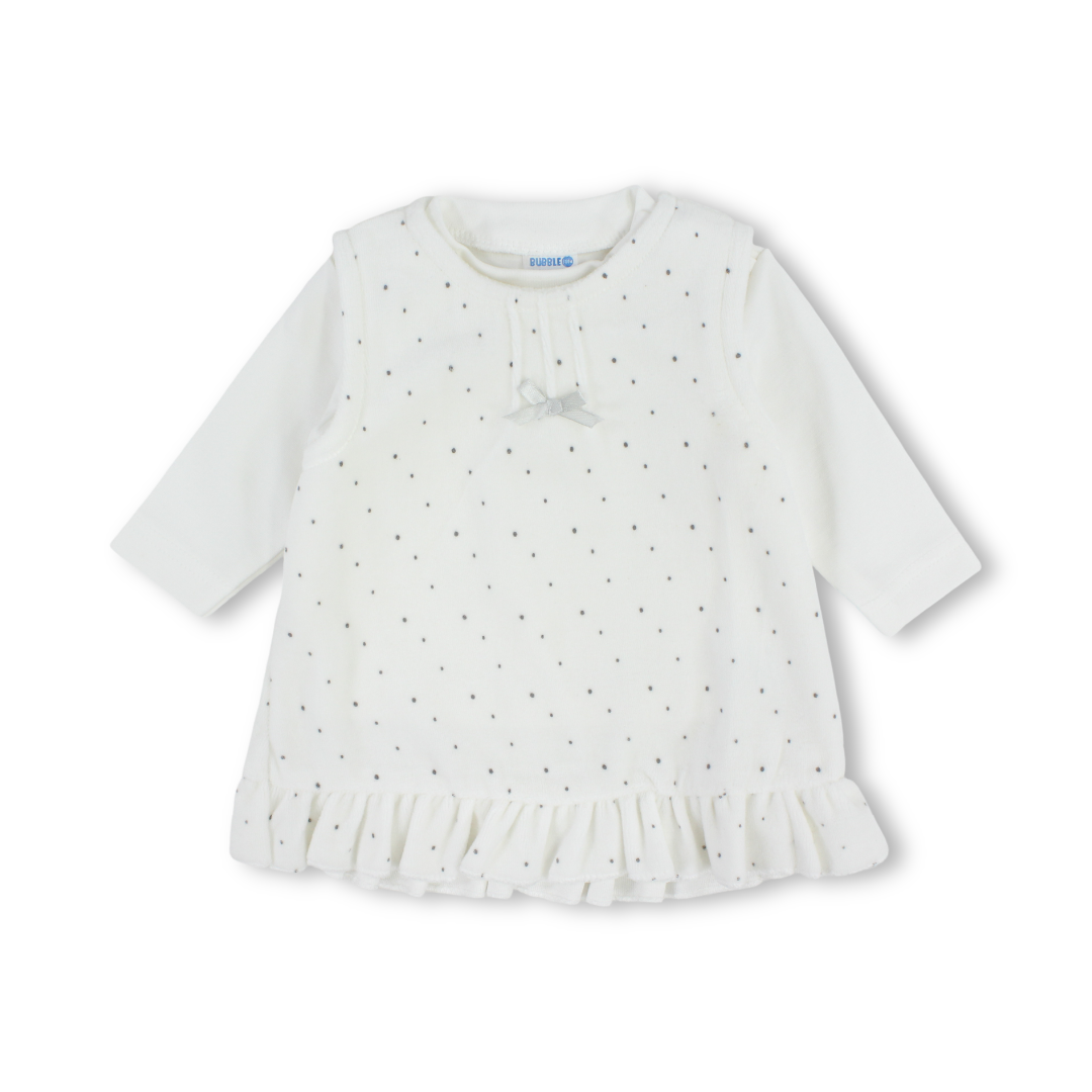 Baby Girls Velvet 2-Piece Dress – Off-White with Dotted Pattern