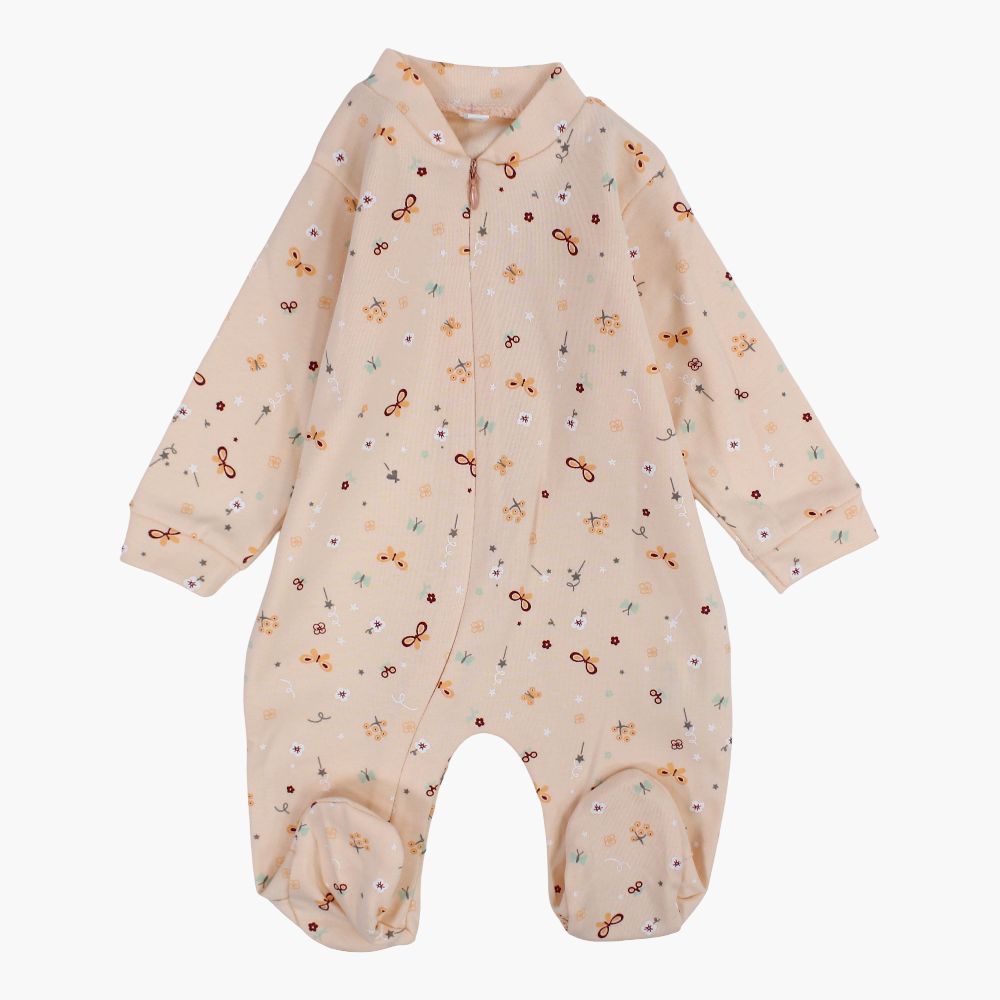 Baby Girls Cotton Baby Footie - Salmon with Butterflies Print