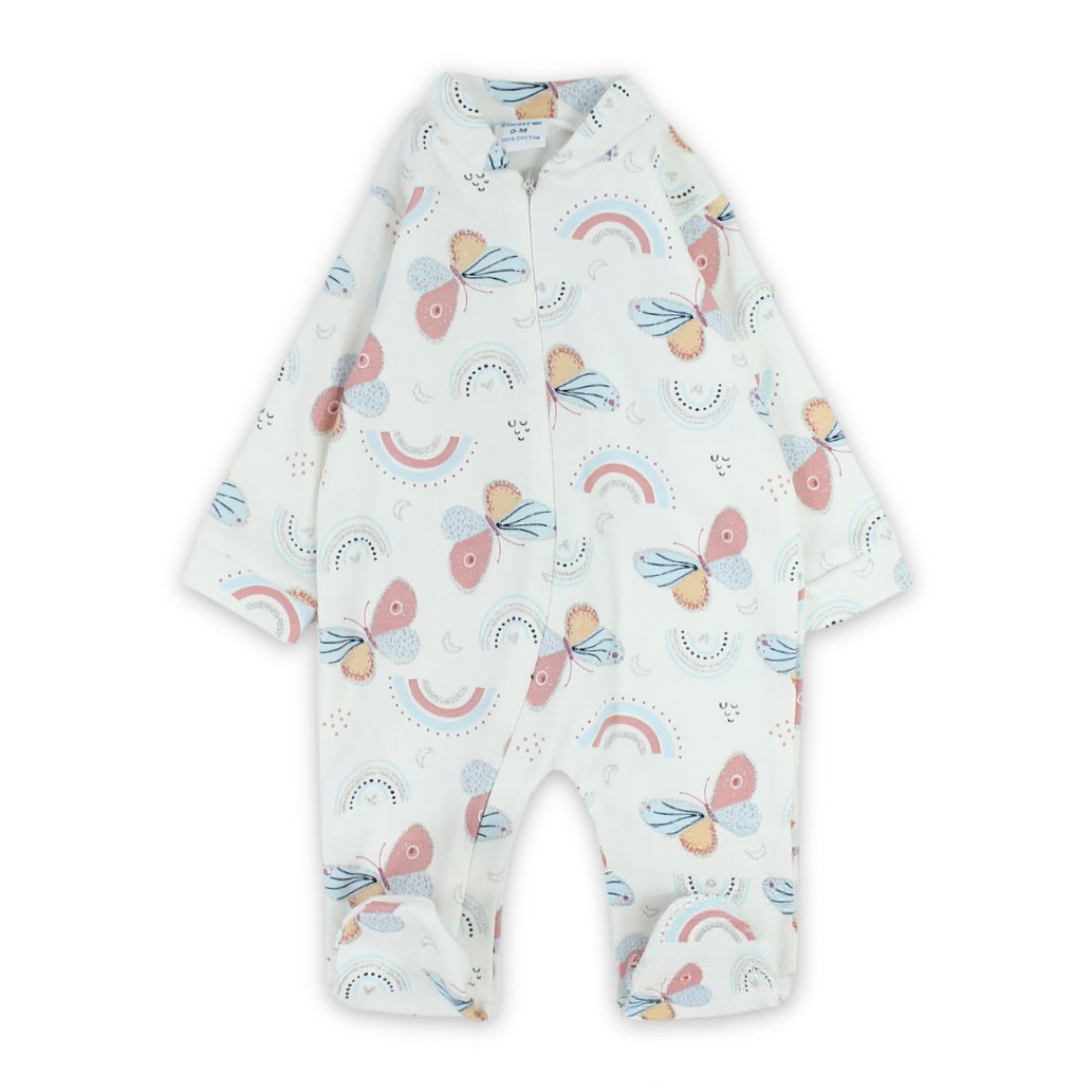 Baby Girls Cotton Baby Footie Onesie – Off-White with Butterflies Print - Clothing - Bubble Boom