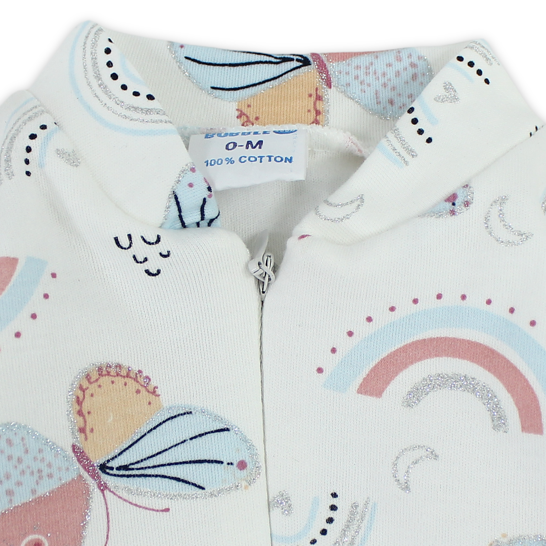 Baby Girls Cotton Baby Footie Onesie – Off-White with Butterflies Print