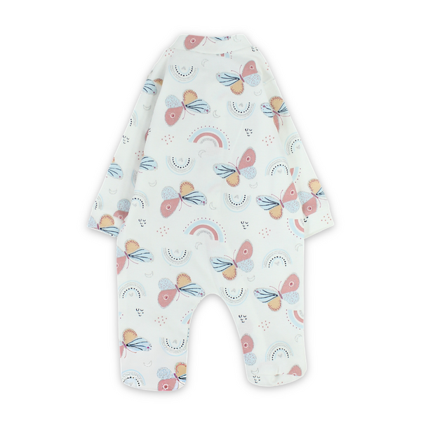 Baby Girls Cotton Baby Footie Onesie – Off-White with Butterflies Print