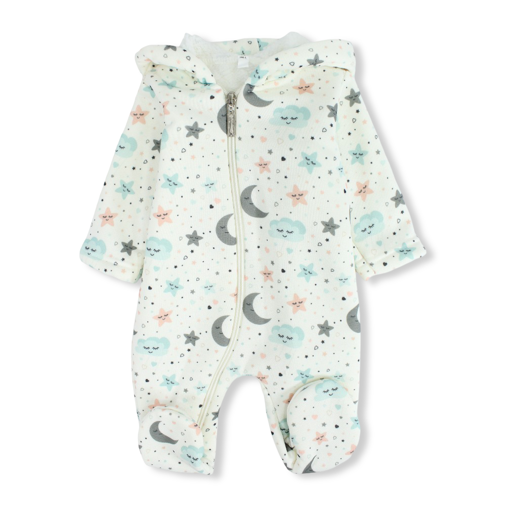 Unisex Baby Fleeced Hooded Baby Footie – Off-White with Stars and Crescents Print