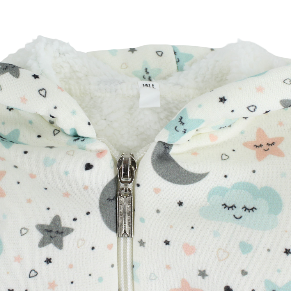 Unisex Baby Fleeced Hooded Baby Footie – Off-White with Stars and Crescents Print