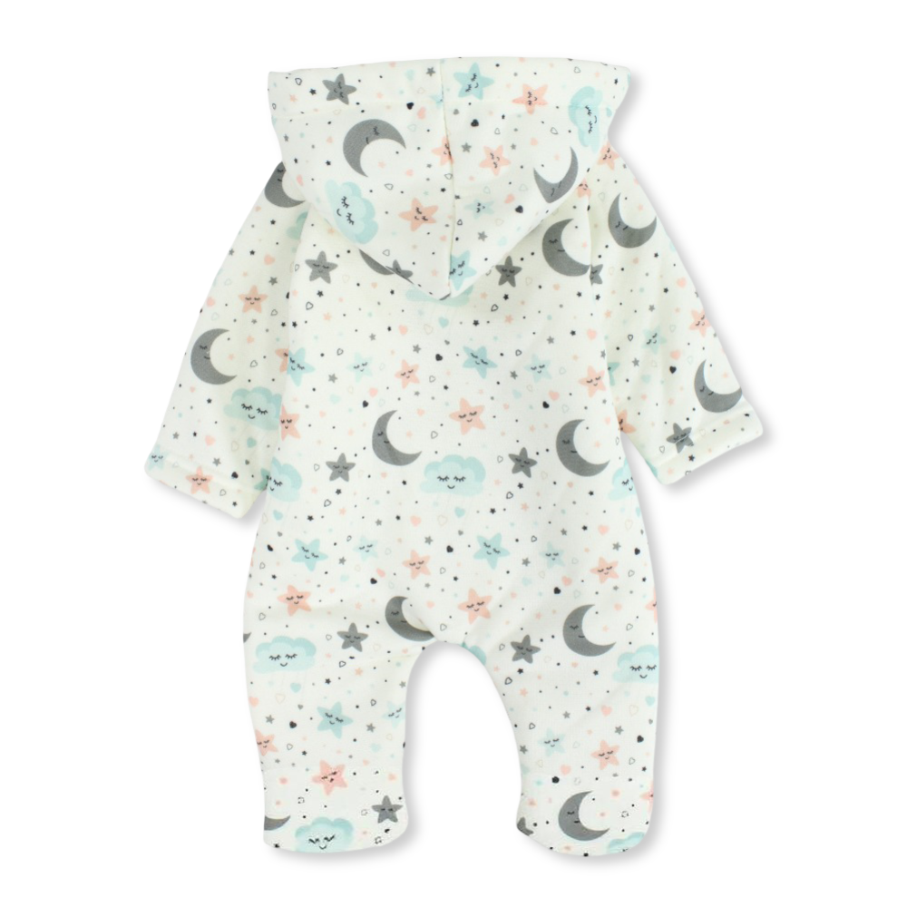 Unisex Baby Fleeced Hooded Baby Footie – Off-White with Stars and Crescents Print