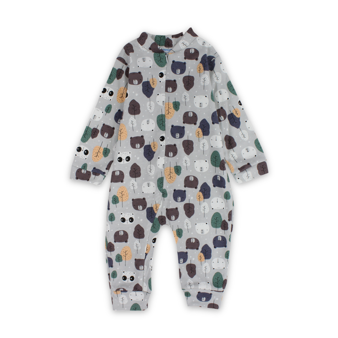 Baby Boys Cotton Baby Footie – Grey with Bears Print - Clothing - Bubble Boom