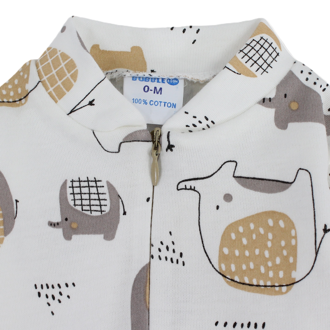 Baby Boys Cotton Baby Footie – Off-White with Elephant Print