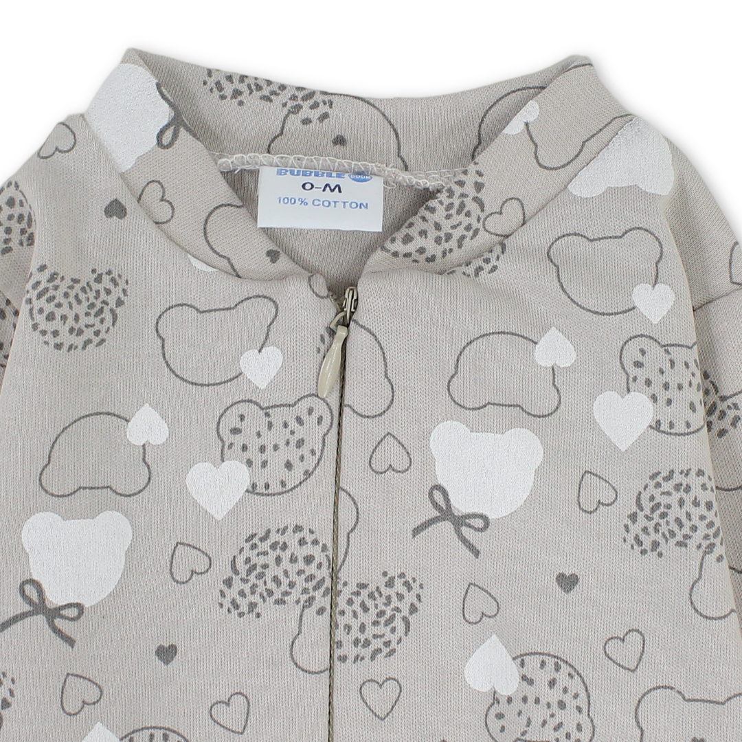 Unisex Baby Cotton Baby Footie Onesie – Beige with Teddy Bear Print