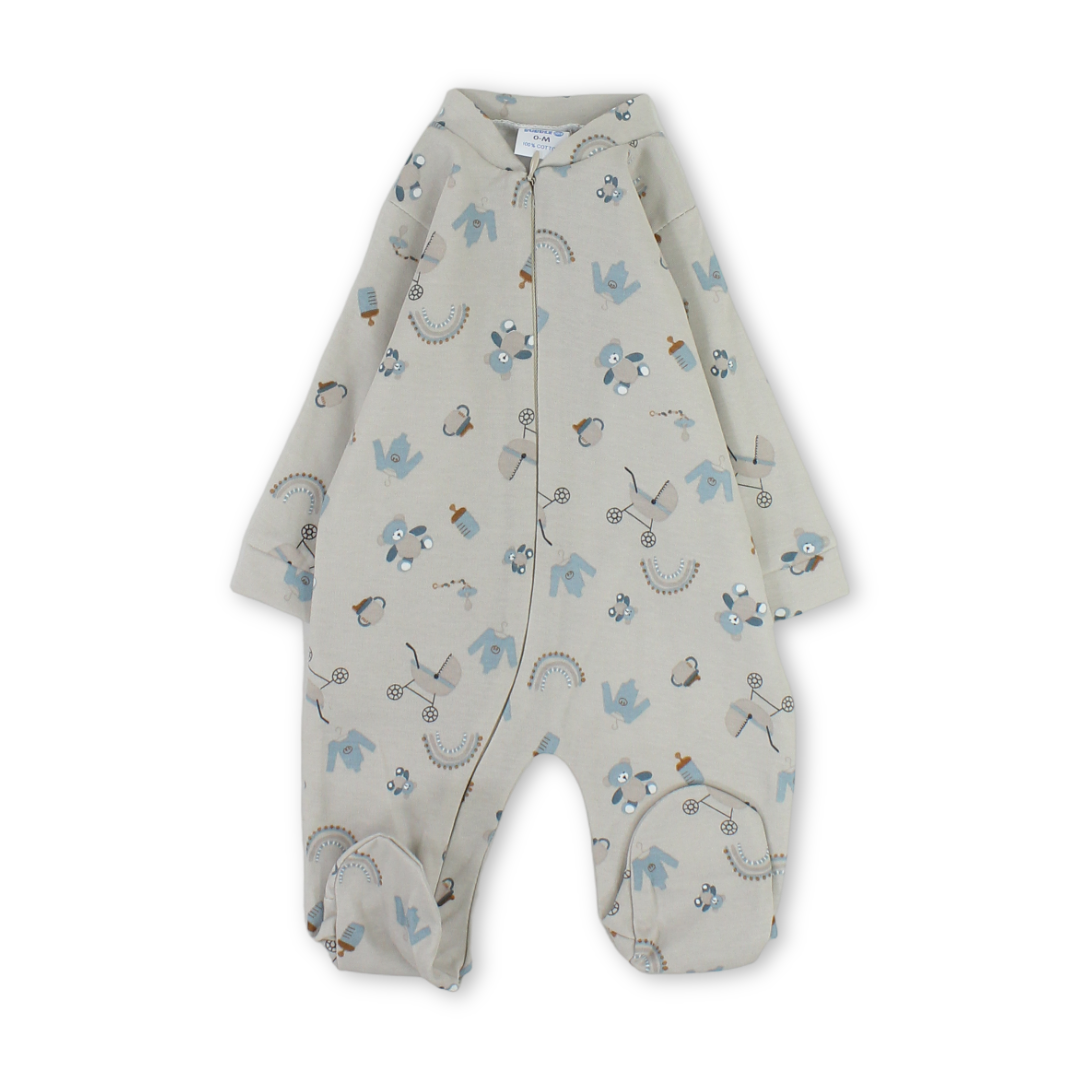 Baby Boys Cotton Baby Footie Onesie – Beige with Teddy Bear Print - Clothing - Bubble Boom