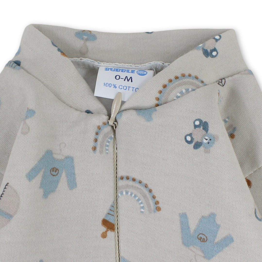 Baby Boys Cotton Baby Footie Onesie – Beige with Teddy Bear Print