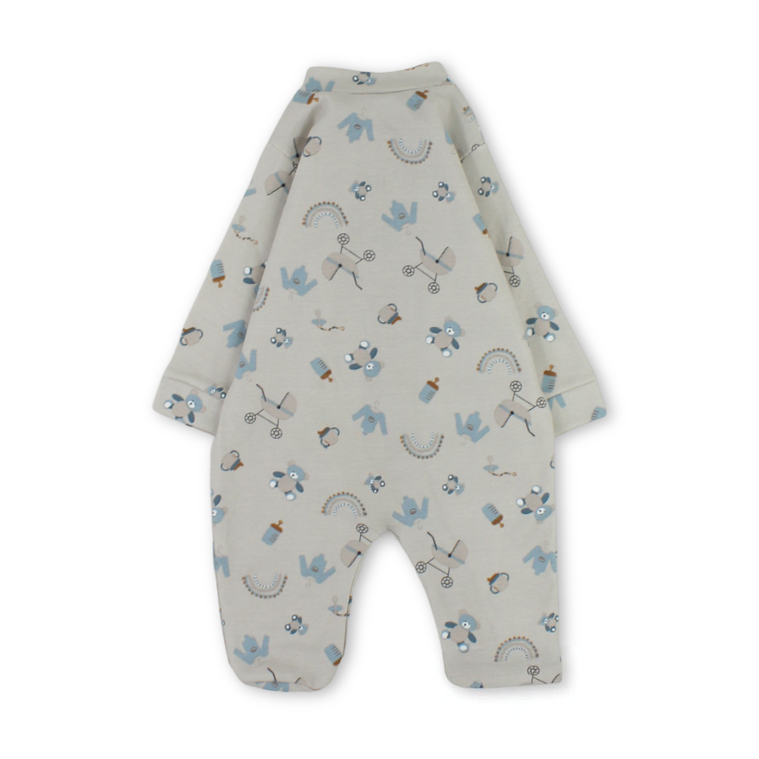 Baby Boys Cotton Baby Footie Onesie – Beige with Teddy Bear Print