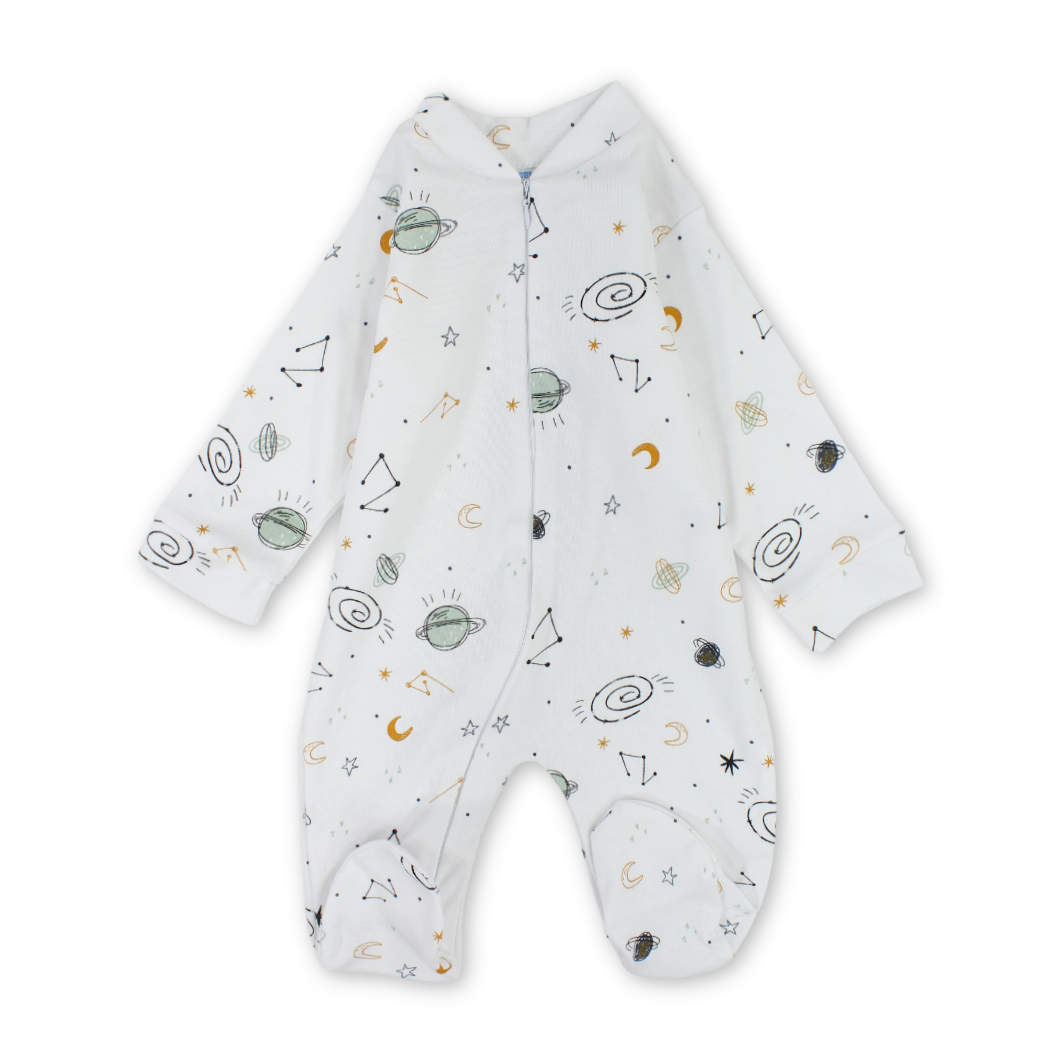 Unisex Baby Cotton Baby Footie – White with Planets Print - Clothing - Bubble Boom