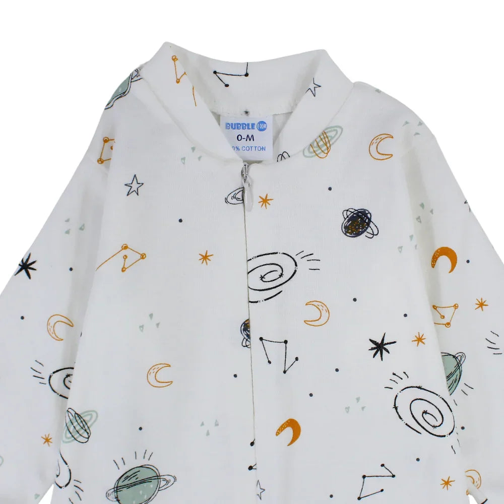 Unisex Baby Cotton Baby Footie – Off-White with Planets Print