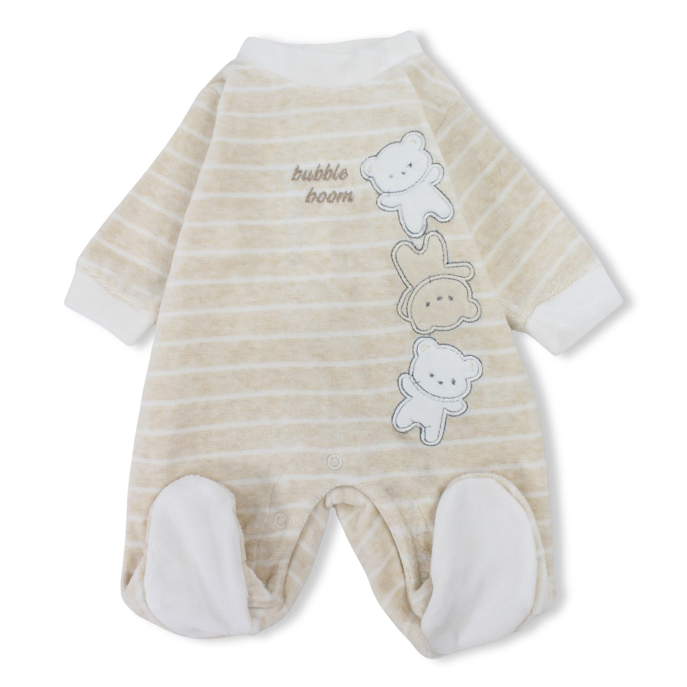 Baby Boys Velvet Baby Footie – Beige with Cute Bears Embroidery