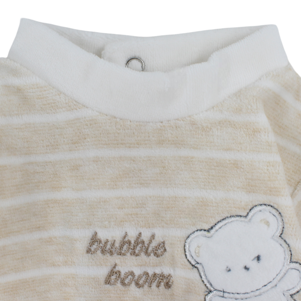 Baby Boys Velvet Baby Footie – Beige with Cute Bears Embroidery