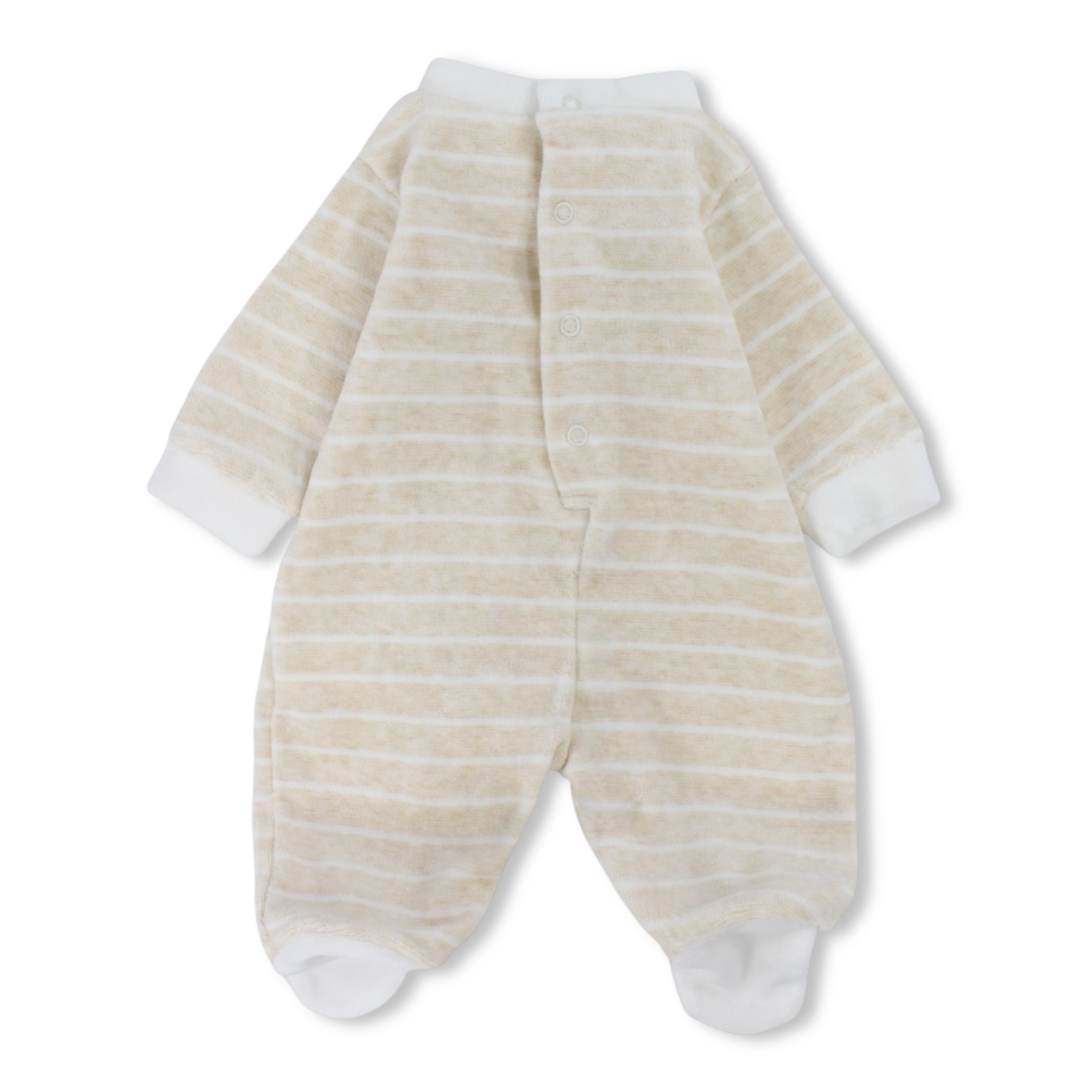 Baby Boys Velvet Baby Footie – Beige with Cute Bears Embroidery