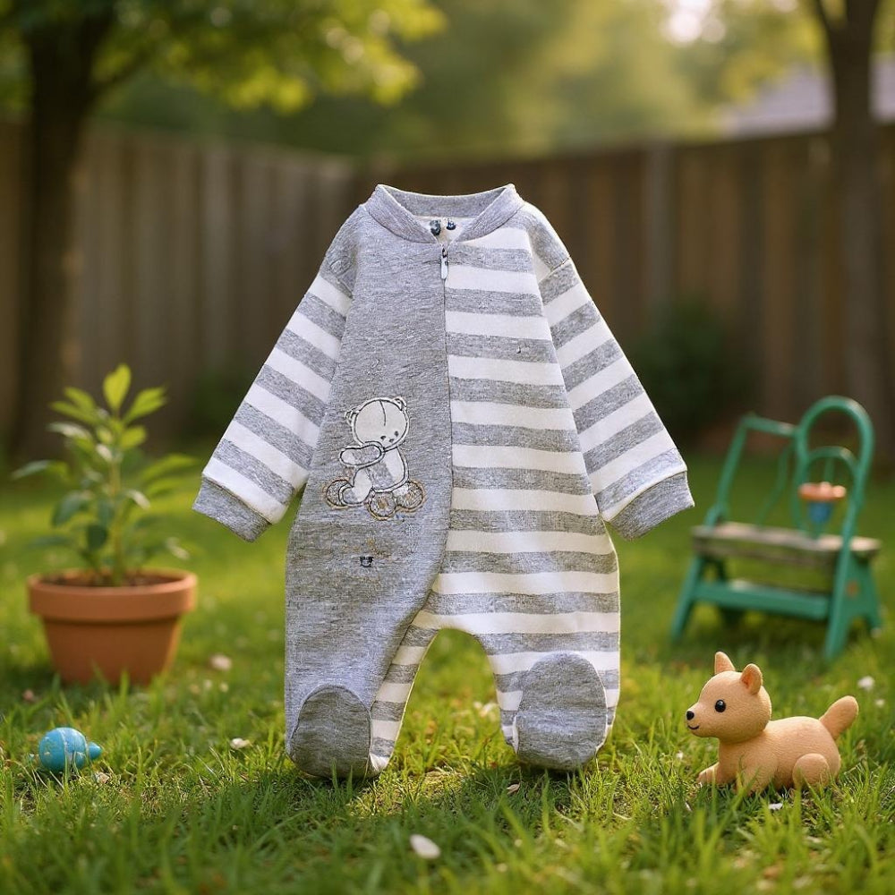 Baby Boys Striped Baby Footie – Grey & White