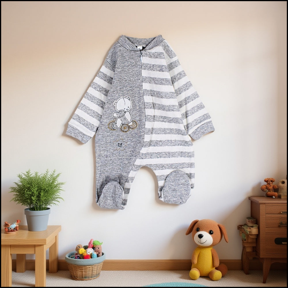 Baby Boys Striped Baby Footie – Grey & White