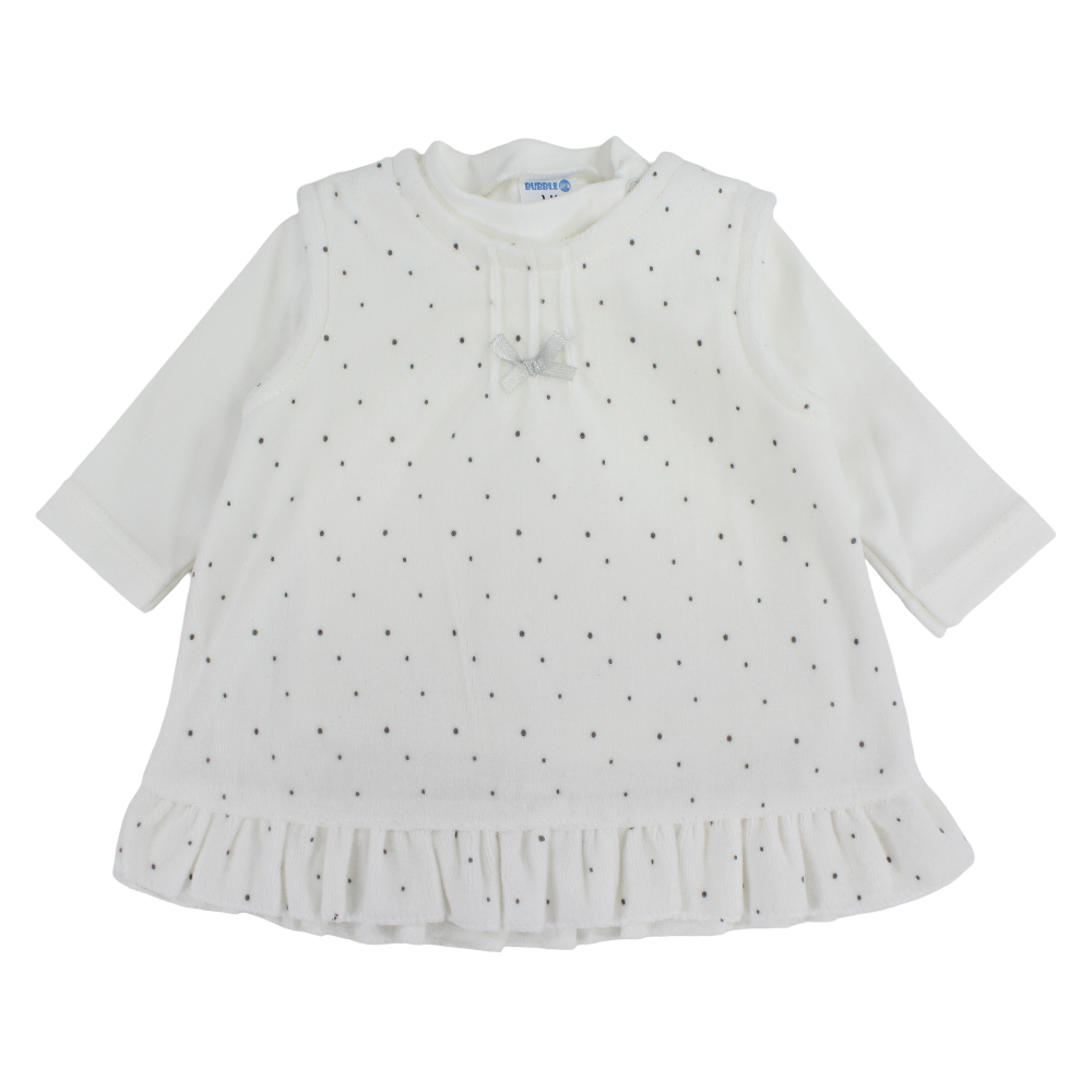 Baby Girls Velvet Dress – Off-White with Dots Print