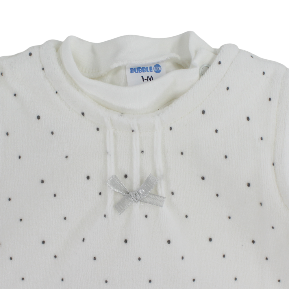 Baby Girls Velvet Dress – Off-White with Dots Print